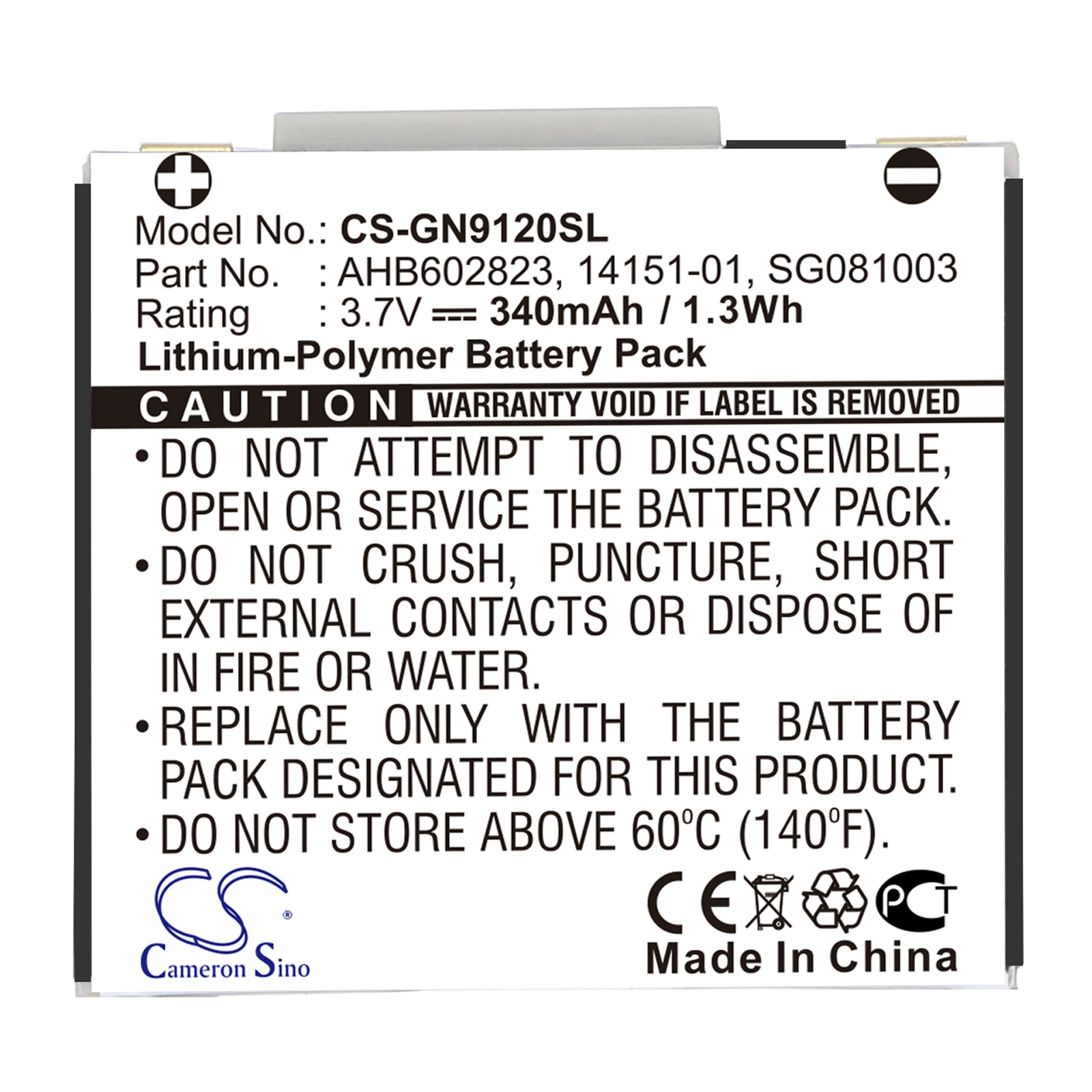 Cameron Sino 3.7V 340mAh Wireless Headset battery 14151-01, AHB602823, SG081003 for GN Netcom 9120, Netcom 9125
Cameron Sino 3.7V 340mAh Wireless Headset battery 14151-01, AHB602823, SG081003 for GN Netcom 9120, Netcom 9125