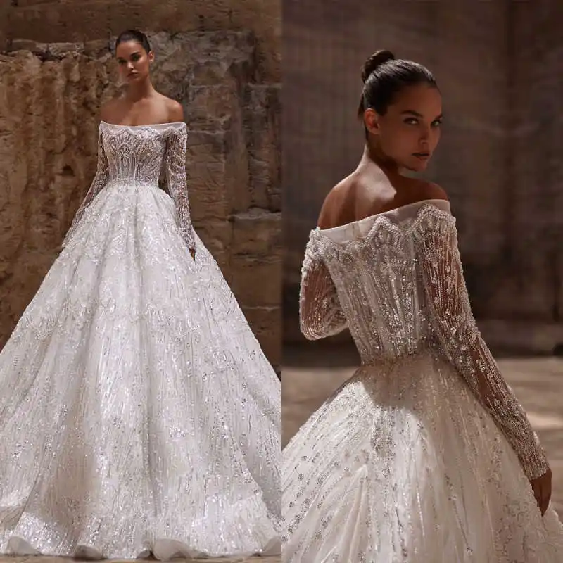 Свадебные платья с блестящим жемчугом и открытыми плечами, с длинными рукавами, трапециевидные свадебные платья с блестками, Vestidos De Novia по индивидуальному заказу
Свадебные платья с блестящим жемчугом и открытыми плечами, с длинными рукавами, трапециевидные свадебные платья с блестками, Vestidos De Novia по индивидуальному заказу