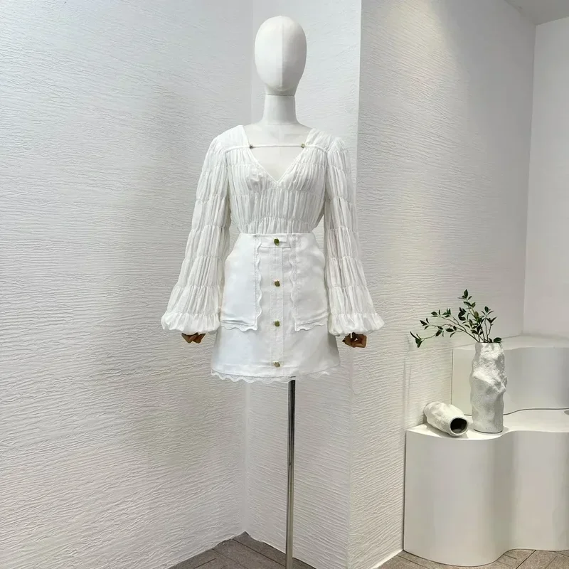 Женский офисный комплект из блузки и юбки, элегантная белая блузка с рукавами-фонариками и V-образным вырезом, комплект из двух предметов для весны и лета
Женский офисный комплект из блузки и юбки, элегантная белая блузка с рукавами-фонариками и V-образным вырезом, комплект из двух предметов для весны и лета