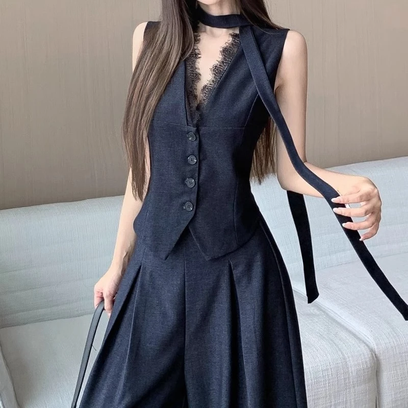 2 Pieces Set Women Lace Patchwork Black Denim Blue Sleeveless Vest High Waisted Wide Leg Pants Set , Woman Fashion Trousers
2 Pieces Set Women Lace Patchwork Black Denim Blue Sleeveless Vest High Waisted Wide Leg Pants Set , Woman Fashion Trousers