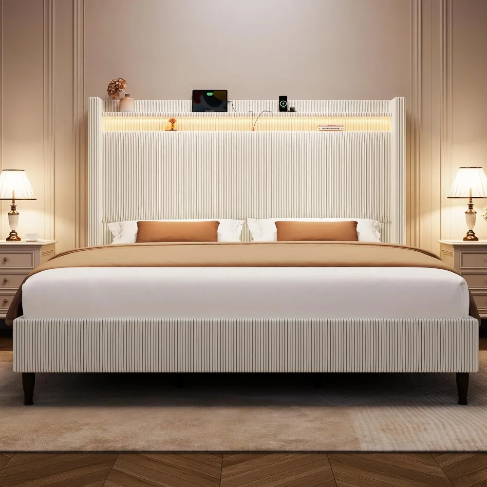 King Size Bed Frame with Tall Headboard, 55.3" Corduroy Upholstered Platform Bedframe with LED Lights & Charging Station, King B
King Size Bed Frame with Tall Headboard, 55.3" Corduroy Upholstered Platform Bedframe with LED Lights & Charging Station, King B