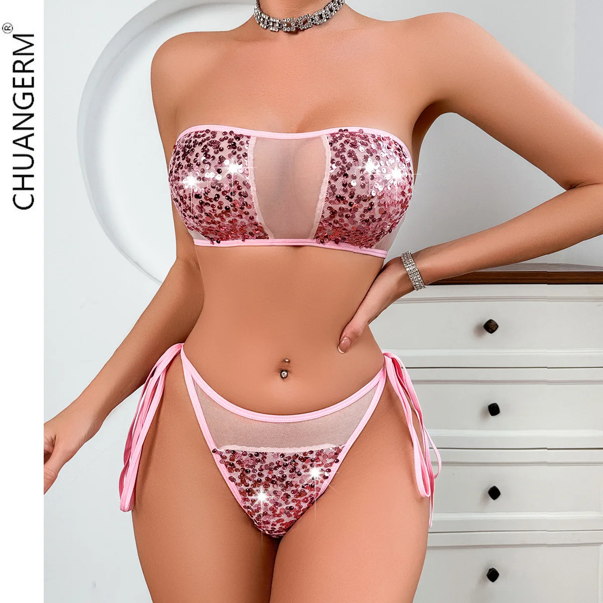 CHUANGERM 2024 Sexy Sequins Lingerie for Women Backless Push Up Triangle Thong 2 Pieces Bikini Set High Waist Female Underwear
CHUANGERM 2024 Sexy Sequins Lingerie for Women Backless Push Up Triangle Thong 2 Pieces Bikini Set High Waist Female Underwear