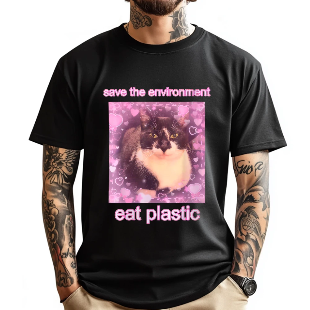 Save The Environment Eat Plastic Cute Cat Meme Graphic Tee Cotton T-Shirt Illustration
Save The Environment Eat Plastic Cute Cat Meme Graphic Tee Cotton T-Shirt Illustration