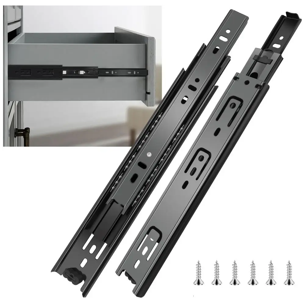 Черные направляющие для ящиков, сверхмощные, простая установка, направляющие для ящиков с шарикоподшипниками, плавное управление, стальные полные выдвижные направляющие
Черные направляющие для ящиков, сверхмощные, простая установка, направляющие для ящиков с шарикоподшипниками, плавное управление, стальные полные выдвижные направляющие