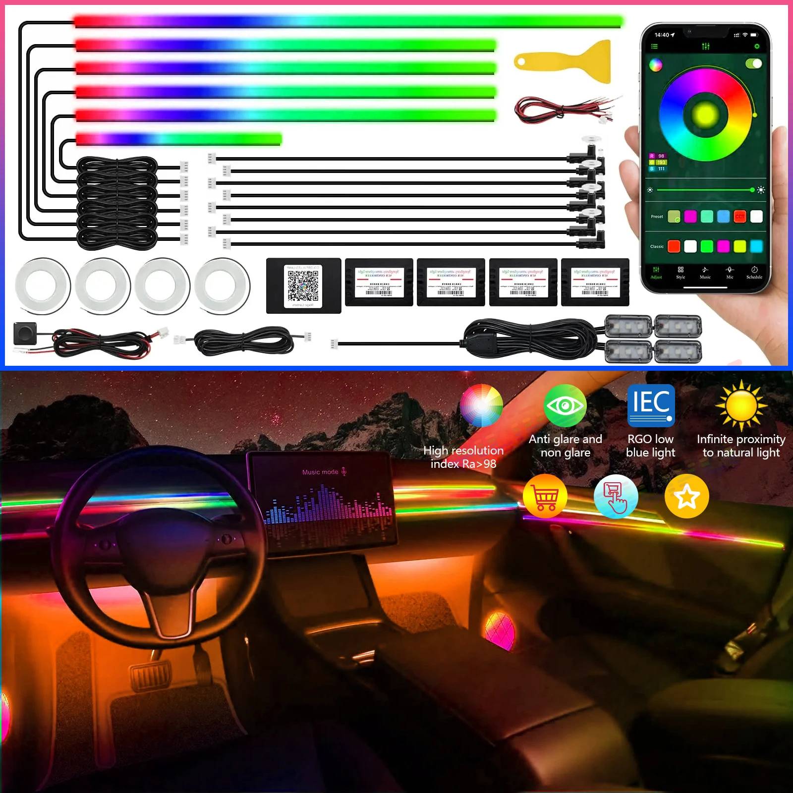 Car Ambient Lights Kits Interior Acrylic App Music Contro Colorful Decorative Lamps Universal LED Neon Footlight Accessories
Car Ambient Lights Kits Interior Acrylic App Music Contro Colorful Decorative Lamps Universal LED Neon Footlight Accessories