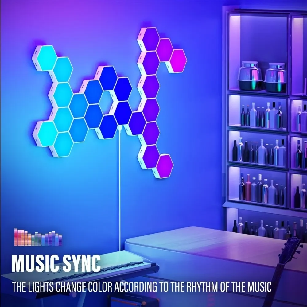 Intelligent hexagonal wall lamp color changing environment night light DYI shape music rhythm APP control
Intelligent hexagonal wall lamp color changing environment night light DYI shape music rhythm APP control