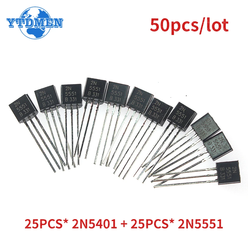 50PCS 2N5551 2N5401 TO-92 Transistors Kit NPN PNP Transistor electronic components Set
50PCS 2N5551 2N5401 TO-92 Transistors Kit NPN PNP Transistor electronic components Set