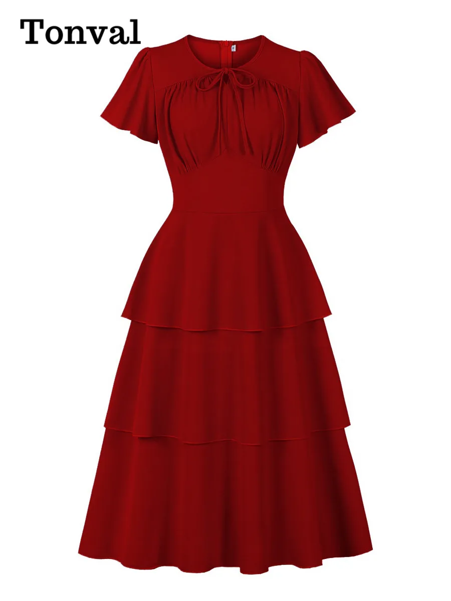 Tonval O-Neck Knot Front High Waist Elegant Solid Tiered Dress 2025 Women Short Sleeve Vintage A-Line Long Dresses
Tonval O-Neck Knot Front High Waist Elegant Solid Tiered Dress 2025 Women Short Sleeve Vintage A-Line Long Dresses