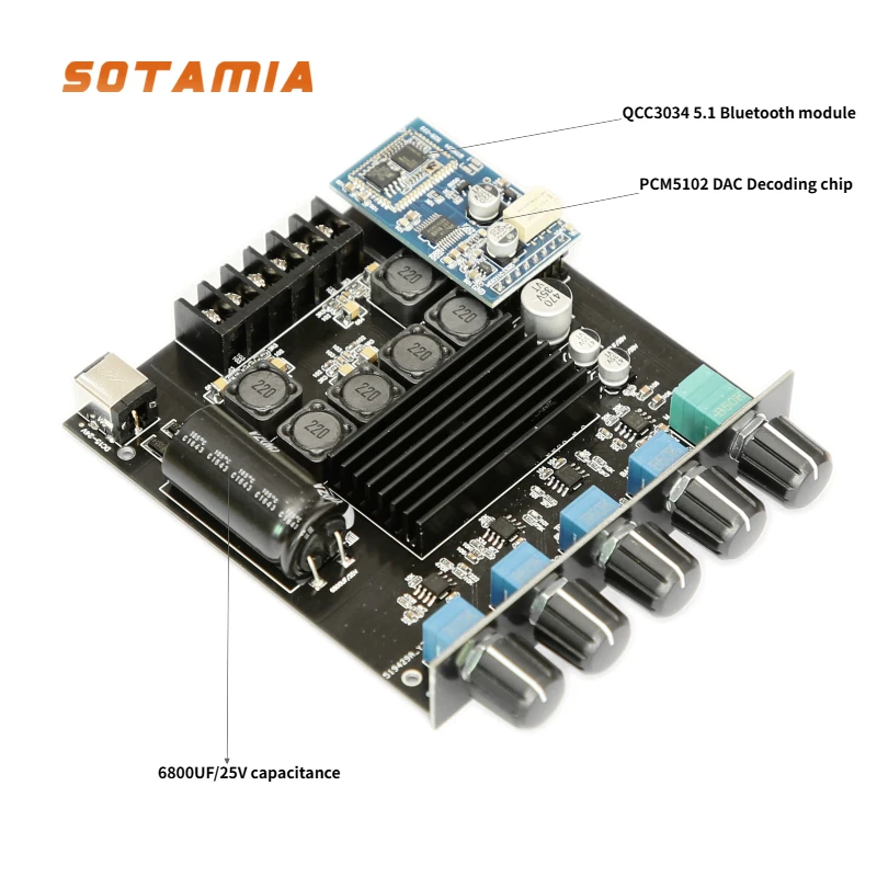 SOTAMIA TPA3116 High Power 2.1 Channel Digital Class D HIFI Bluetooth 5.1 Power Amplifier Board 50W*2+100W
SOTAMIA TPA3116 High Power 2.1 Channel Digital Class D HIFI Bluetooth 5.1 Power Amplifier Board 50W*2+100W