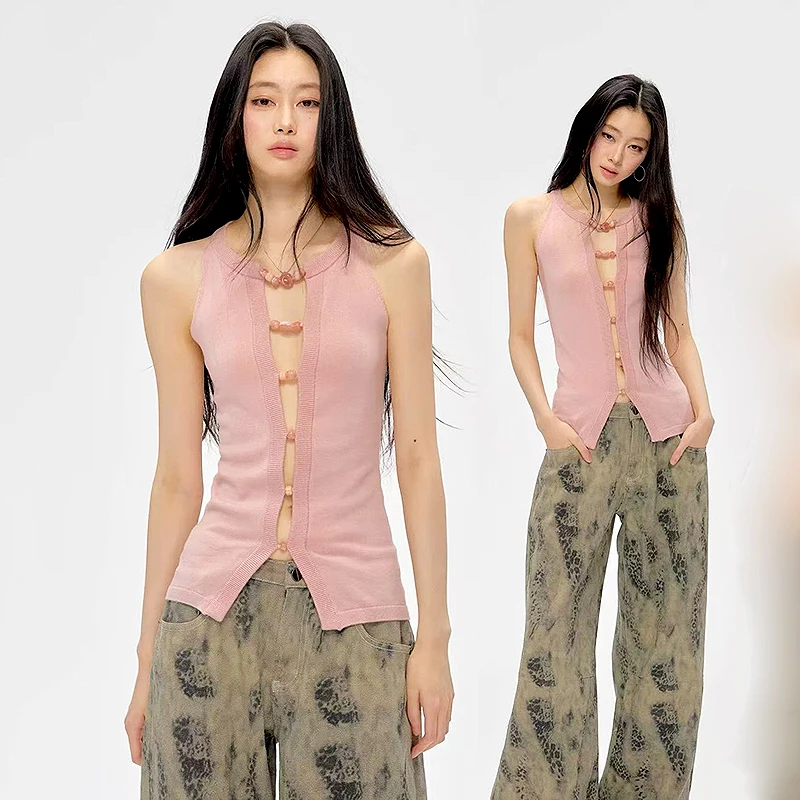 Korean Summer New Designer Style Knitted Pink Vest Chic Beading Hollow Out Elastic Women's Knit Vest Tops Women Clothes SL048
Korean Summer New Designer Style Knitted Pink Vest Chic Beading Hollow Out Elastic Women's Knit Vest Tops Women Clothes SL048