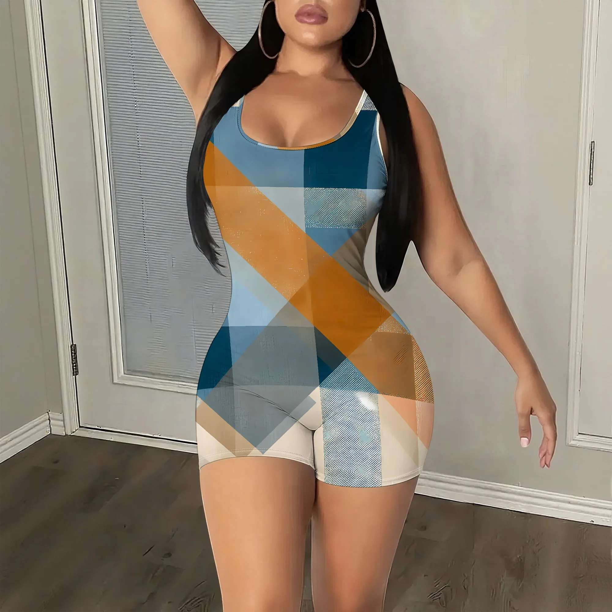 Geometric Print Sleeveless Jumpsuit, Plaid Pattern Romper, Bodycon Playsuit, Summer Beach Party Outfit, S-2XL
Geometric Print Sleeveless Jumpsuit, Plaid Pattern Romper, Bodycon Playsuit, Summer Beach Party Outfit, S-2XL