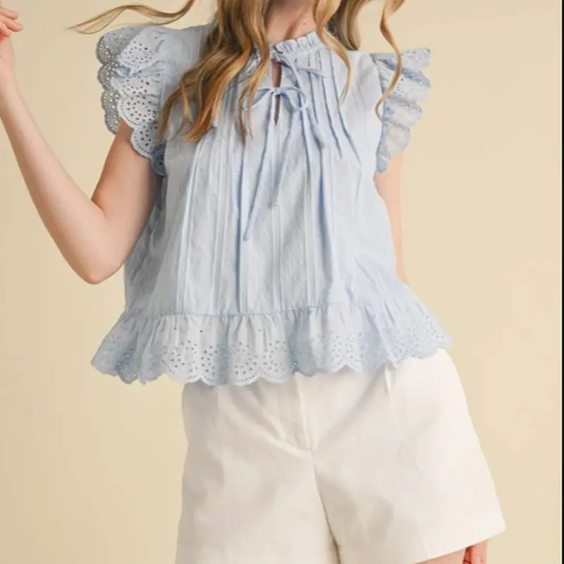 Combhasaki Women Summer Ruffle Fly Sleeve Bow Tied Round Neck Swiss Dot Vest Flower Hollowed Embroidery Babydoll Pleated Tops
Combhasaki Women Summer Ruffle Fly Sleeve Bow Tied Round Neck Swiss Dot Vest Flower Hollowed Embroidery Babydoll Pleated Tops