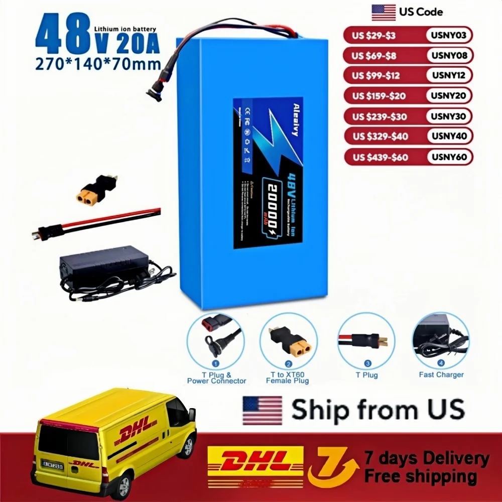 Aleaivy 48V Electric Bike Lithium Battery Pack 10 16 20Ah Li Ion Ebike Battery for Bicycle Scooter Motorcycle with 54.6v Charger
Aleaivy 48V Electric Bike Lithium Battery Pack 10 16 20Ah Li Ion Ebike Battery for Bicycle Scooter Motorcycle with 54.6v Charger