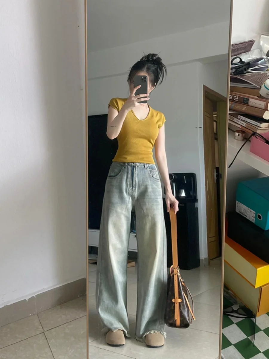 Ретро американские джинсы с потертостями, женские летние дизайнерские тонкие широкие брюки длиной до пола, расклешенные длинные брюки с высокой талией
Ретро американские джинсы с потертостями, женские летние дизайнерские тонкие широкие брюки длиной до пола, расклешенные длинные брюки с высокой талией