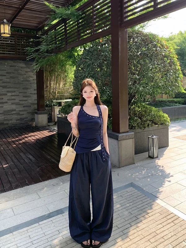 Spicy Girl Style Rivet Shoulder Strap Vest Women's Summer Slimming Wide Leg Casual Color Block Long Pants Two Piece Set
Spicy Girl Style Rivet Shoulder Strap Vest Women's Summer Slimming Wide Leg Casual Color Block Long Pants Two Piece Set
