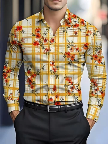 New men's punk gothic floral skull print long sleeved shirt with shiny satin and trendy men's lapel cardigan top