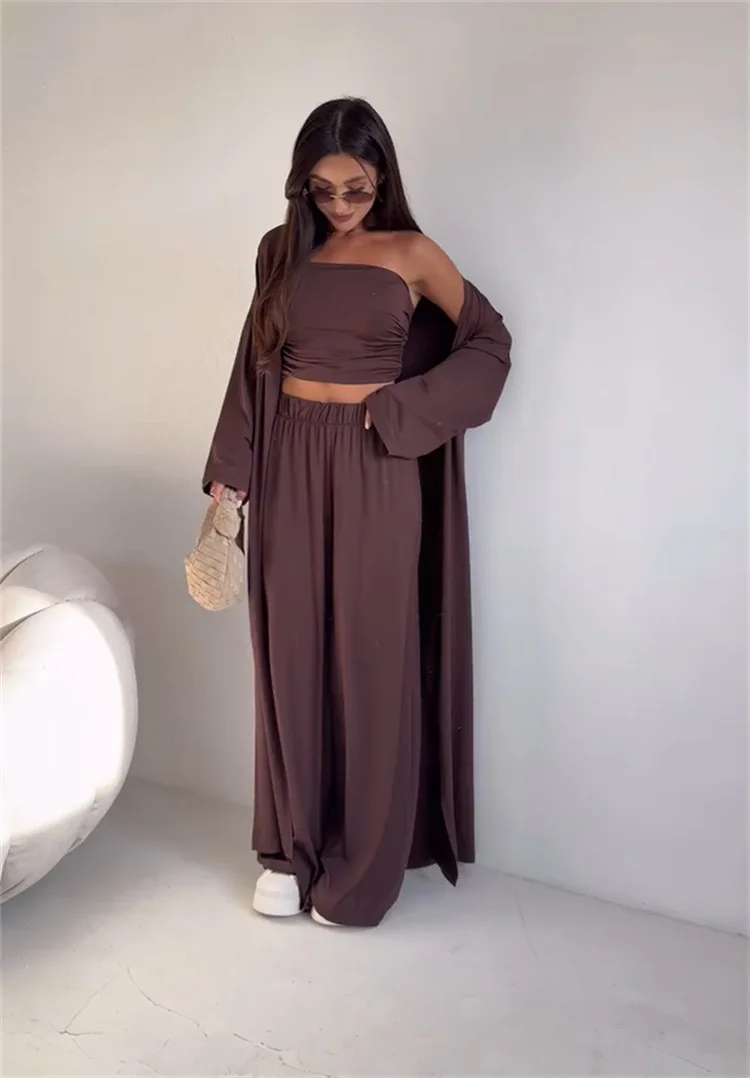 Fashion and casual strapless vest, long cardigan, wide leg pants, three piece set, spring/summer 2025 new item
Fashion and casual strapless vest, long cardigan, wide leg pants, three piece set, spring/summer 2025 new item