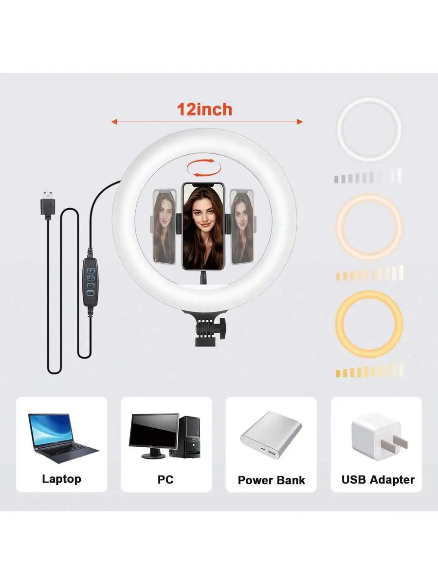 12 Inch LED Ring Light With Tripod 3 Color Modes 10 Dimmable Levels Phone Holder 360° Ball Head
12 Inch LED Ring Light With Tripod 3 Color Modes 10 Dimmable Levels Phone Holder 360° Ball Head