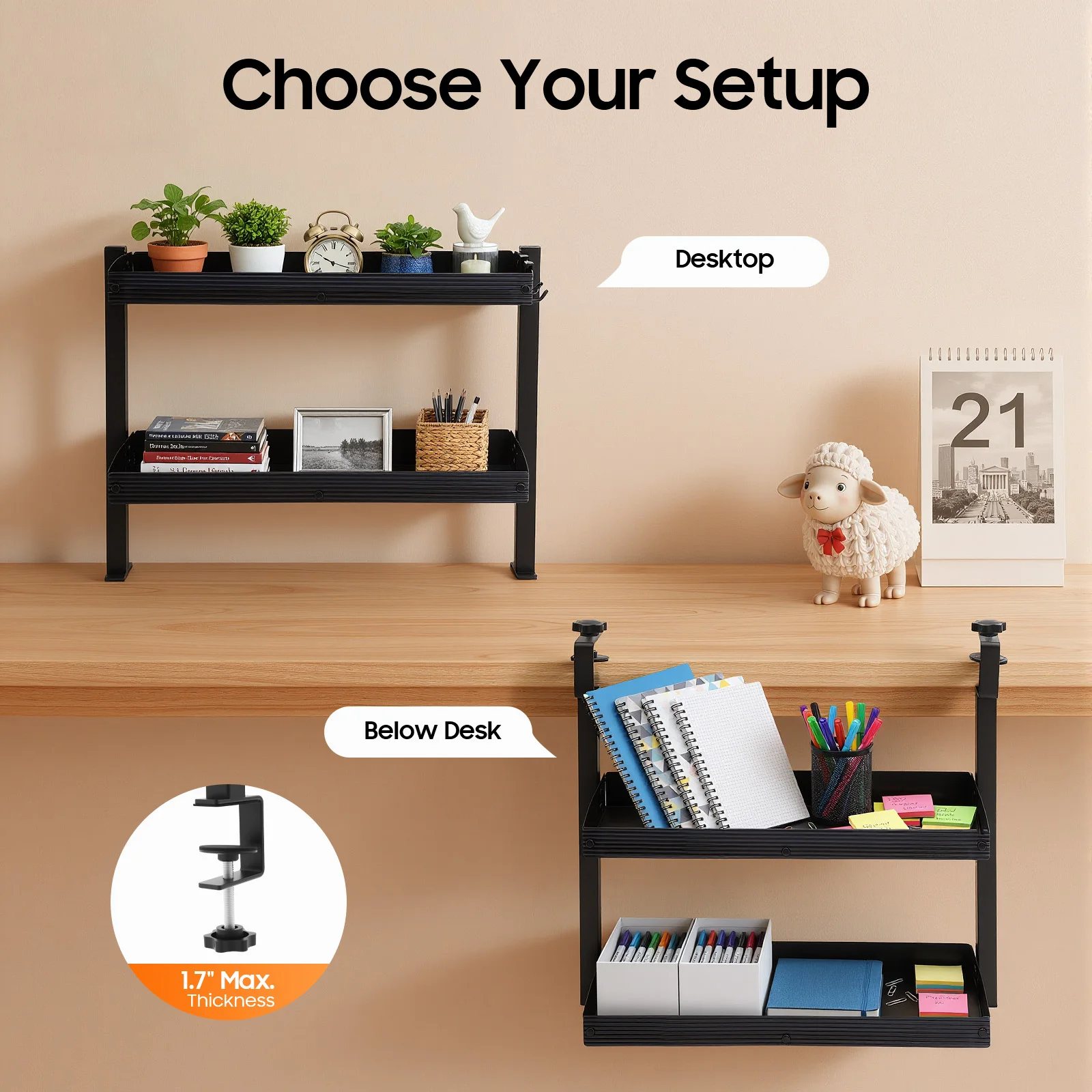 2 Tier Clamp-On Desk Shelf Black Desk Organizer Adjustable Table Corner Storage Basket Metal Computer Desktop Floating Shelf
2 Tier Clamp-On Desk Shelf Black Desk Organizer Adjustable Table Corner Storage Basket Metal Computer Desktop Floating Shelf