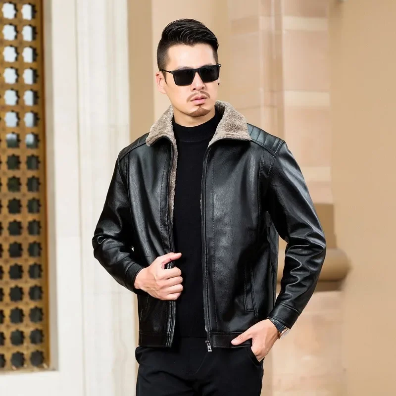Men's Winter Leather Jacket Thickened Faux Fur Collared Oversized Blazer for Outdoor Activities
Men's Winter Leather Jacket Thickened Faux Fur Collared Oversized Blazer for Outdoor Activities