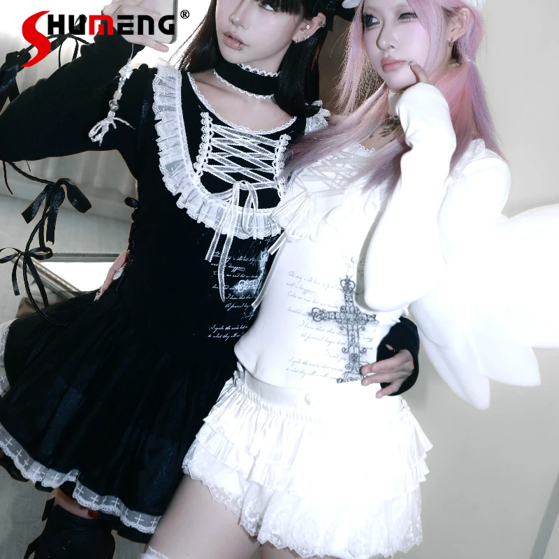 Japanese Rojita Style Black And White Contrast Color T-shirts Elastic Cross Ribbon Printed Slim Fit Long Sleeves Top With Collar
Japanese Rojita Style Black And White Contrast Color T-shirts Elastic Cross Ribbon Printed Slim Fit Long Sleeves Top With Collar