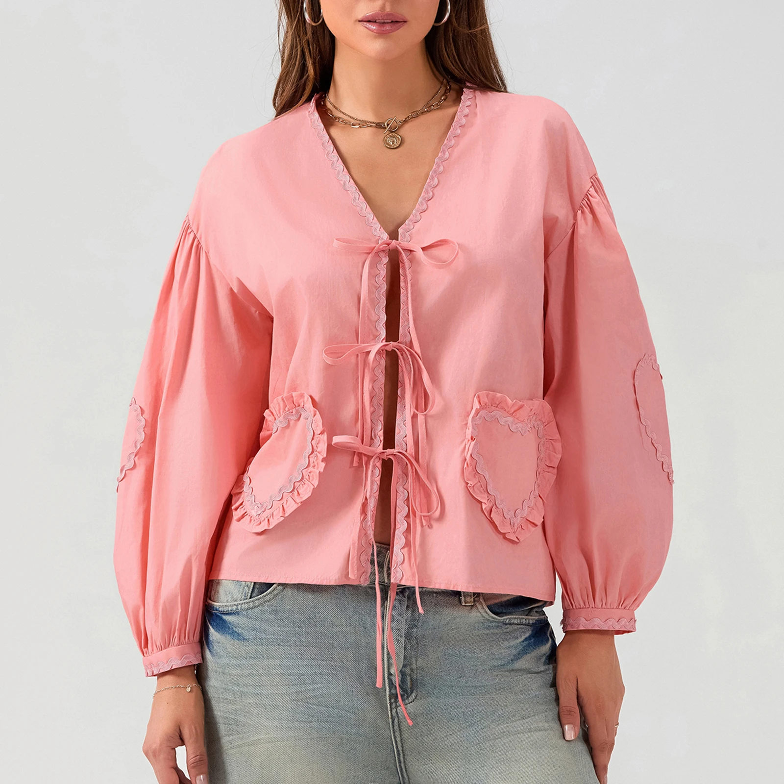 Deep V Neck Loose Early Fall Sweet Tops Women Elegant Long Sleeve Linen Bow Lace Up Heart Shirt for Casual Daily
Deep V Neck Loose Early Fall Sweet Tops Women Elegant Long Sleeve Linen Bow Lace Up Heart Shirt for Casual Daily