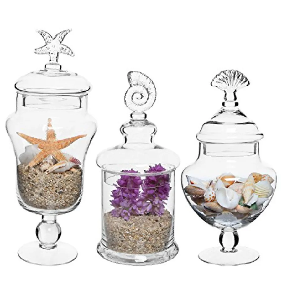 Clear Glass Apothecary Jars with Lid Decorative Seashell Design Bathroom Canister Footed Candy Buffet Containers Set of 3
Clear Glass Apothecary Jars with Lid Decorative Seashell Design Bathroom Canister Footed Candy Buffet Containers Set of 3