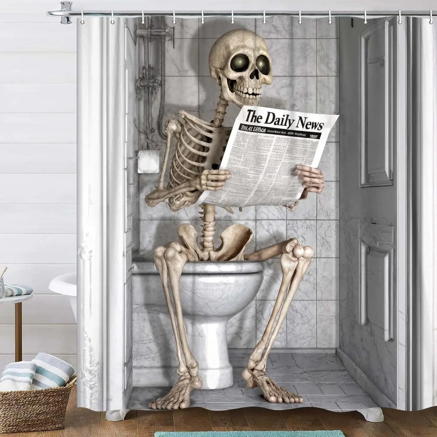 Creepy Skeleton Reading Newspaper in Toilet Shower Curtain Bathroom Decor Waterproof Fabric Unique Design for Home
Creepy Skeleton Reading Newspaper in Toilet Shower Curtain Bathroom Decor Waterproof Fabric Unique Design for Home