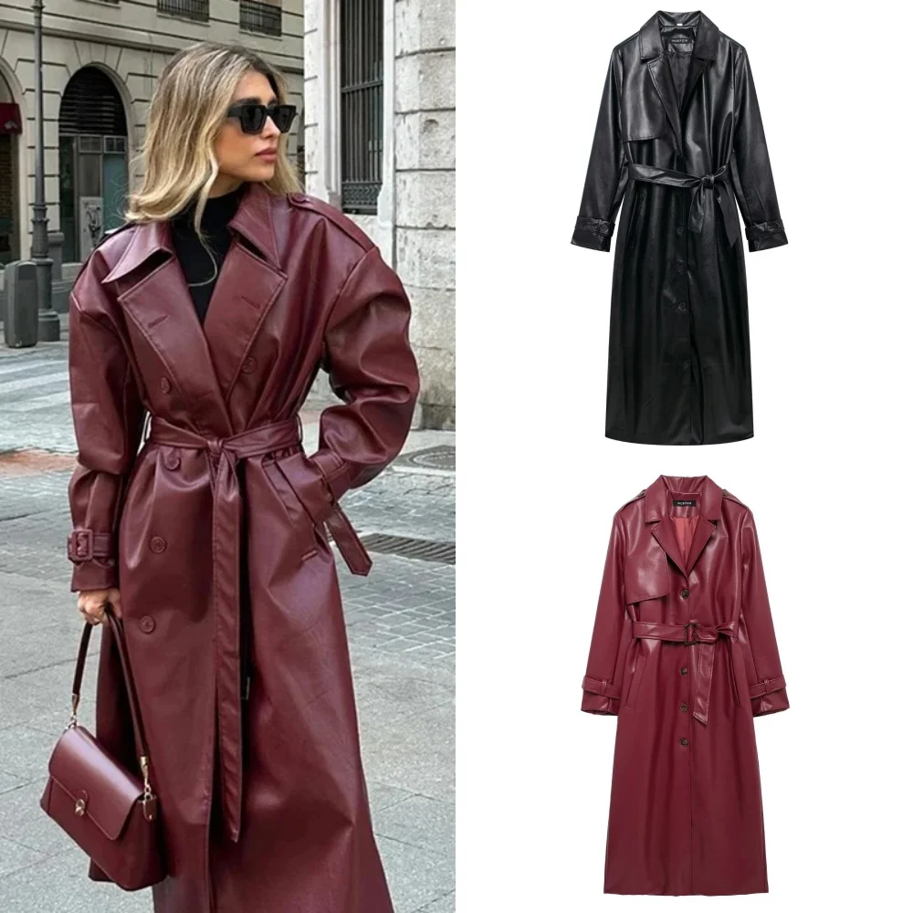 2024 Women New Fashion with Belt Long Style Single Breasted Faux Leather Coat Vintage Long Sleeve Pockets Female Outerwears
2024 Women New Fashion with Belt Long Style Single Breasted Faux Leather Coat Vintage Long Sleeve Pockets Female Outerwears