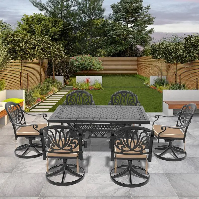 Обеденный набор из 7 предметов из литого алюминия на открытом воздухе с 6 вращающимися стульями и прямоугольным столом, черная рама
Обеденный набор из 7 предметов из литого алюминия на открытом воздухе с 6 вращающимися стульями и прямоугольным столом, черная рама