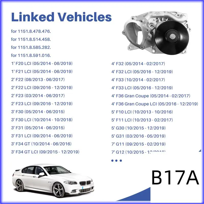 BT-Engine Cooling Water Pump 11518478476 11518591016 For BMW F21 F22 F23 F30 F34 F10 G30 X3 F25 X4 X5 F26
BT-Engine Cooling Water Pump 11518478476 11518591016 For BMW F21 F22 F23 F30 F34 F10 G30 X3 F25 X4 X5 F26