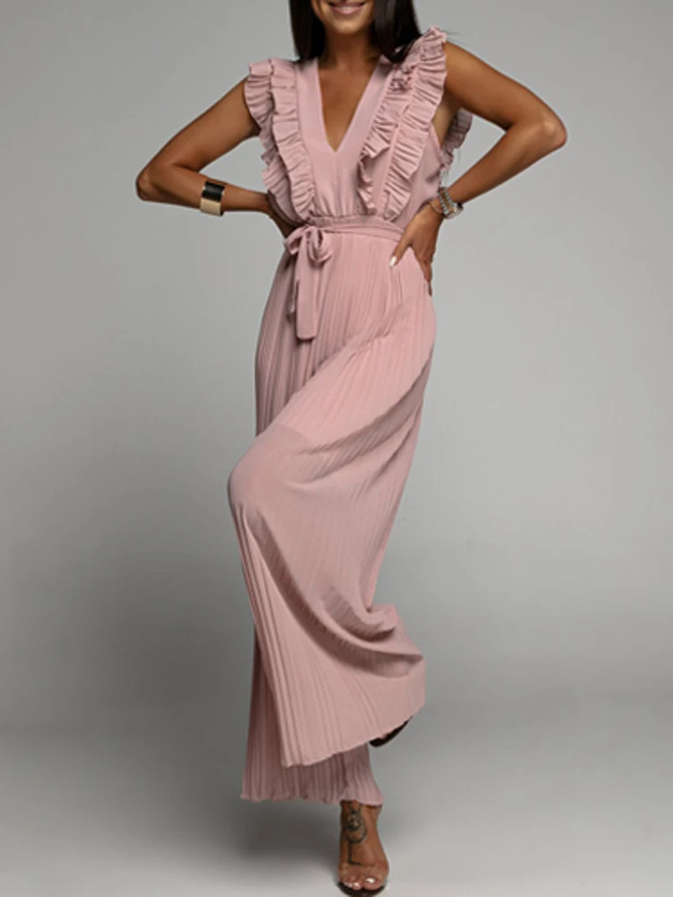 Sexy V Neck Ruffle Rib Folds Pleated Women Jumpsuit Spring Butterfly Sleeve Office Playsuit Summer Wide Leg Pants Belted Rompers
Sexy V Neck Ruffle Rib Folds Pleated Women Jumpsuit Spring Butterfly Sleeve Office Playsuit Summer Wide Leg Pants Belted Rompers