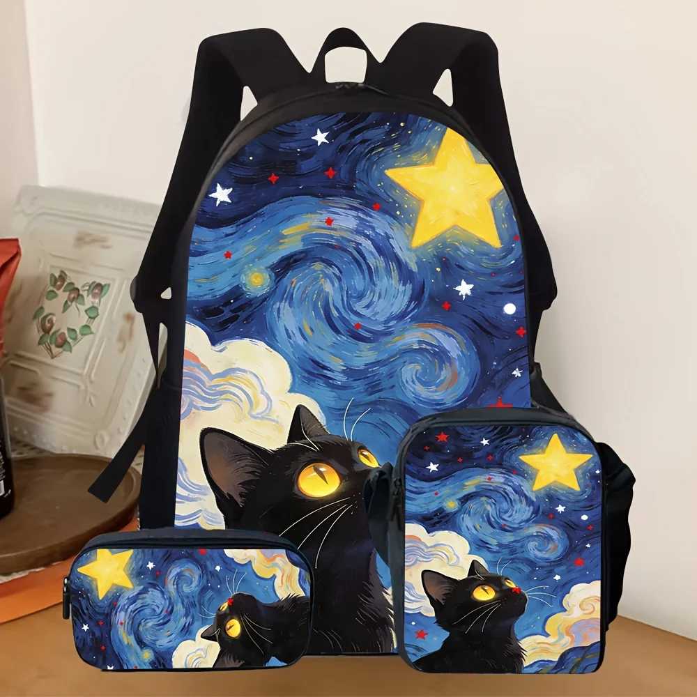 3pcs 2D Flat Casual Backpack Set, Trendy Backpack Combination with Cute Black Cat Starry Sky Yellow Star Print Suitable for Dail
3pcs 2D Flat Casual Backpack Set, Trendy Backpack Combination with Cute Black Cat Starry Sky Yellow Star Print Suitable for Dail
