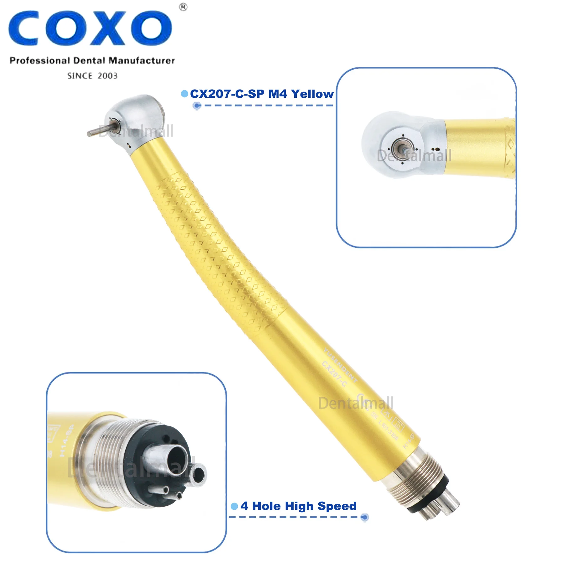 1/5Pcs COXO Dental High Speed Air Turbine Handpiece 4 Holes Aluminum alloys Anti-retraction Standard Head Yellow
1/5Pcs COXO Dental High Speed Air Turbine Handpiece 4 Holes Aluminum alloys Anti-retraction Standard Head Yellow