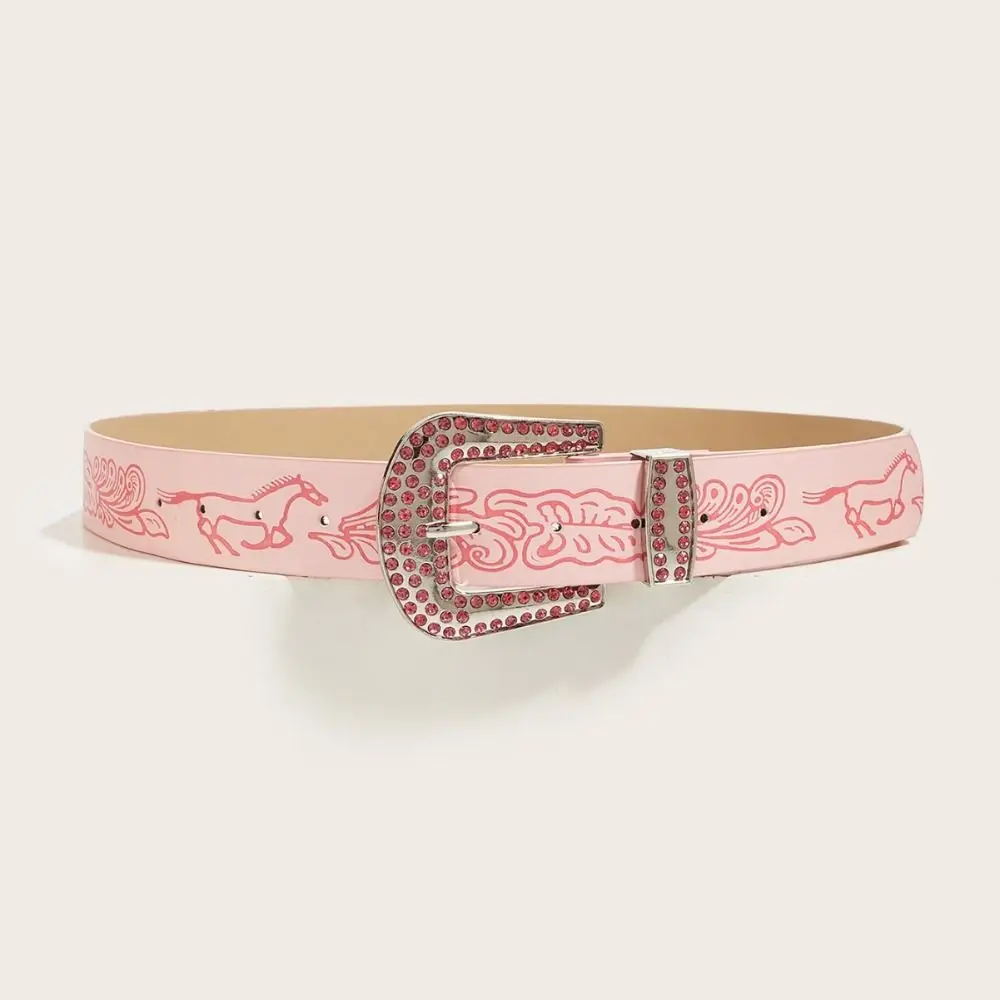 Horse Pattern Rhinestone Buckle Belt Embossed Carving Versatile Pink PU Leather Belt Luxury Brand Design Waist Strap For Women
Horse Pattern Rhinestone Buckle Belt Embossed Carving Versatile Pink PU Leather Belt Luxury Brand Design Waist Strap For Women