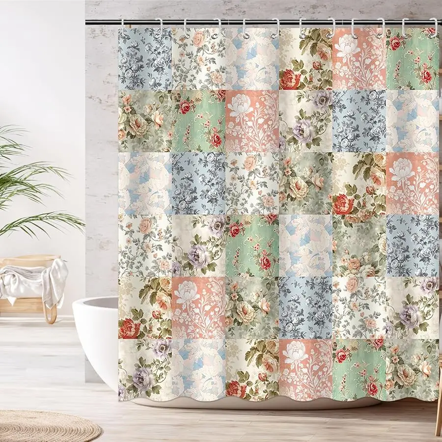 Boho Shower Curtain - Pink Floral Patchwork with 12 Hooks - Mid-Century Flowers intage Retro Bath Curtain for Boho Floral Bath
Boho Shower Curtain - Pink Floral Patchwork with 12 Hooks - Mid-Century Flowers intage Retro Bath Curtain for Boho Floral Bath