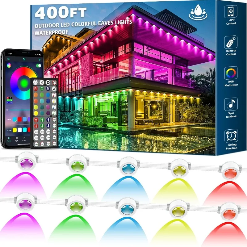 400FT Permanent Outdoor Lights,RGB Eaves Lights with App Control Remote,DIY Scene Modes IP67 Waterproof Outdoor Under Eav
400FT Permanent Outdoor Lights,RGB Eaves Lights with App Control Remote,DIY Scene Modes IP67 Waterproof Outdoor Under Eav