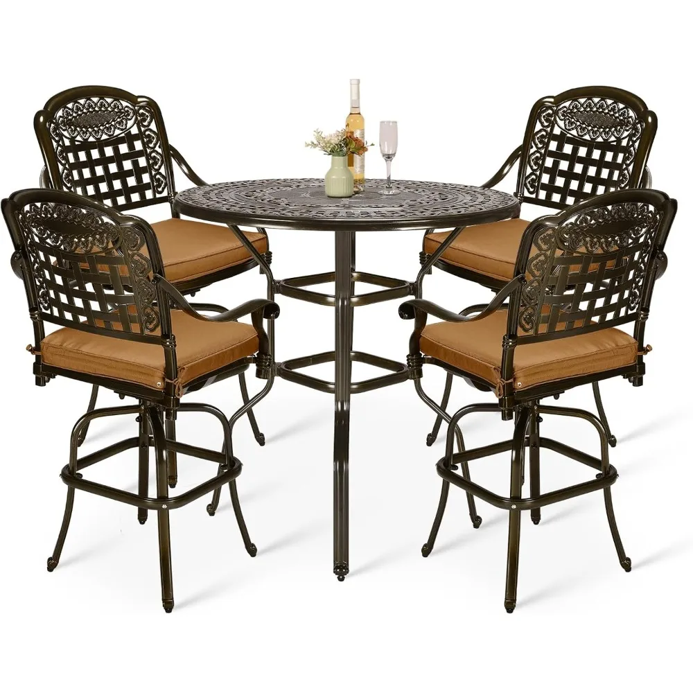 5-Piece Outdoor Swivel Bar Stools Set, All Weather Cast Aluminum Patio Bar Height Bistro Set with 4 Cushioned Bar Chairs & 38.5"
5-Piece Outdoor Swivel Bar Stools Set, All Weather Cast Aluminum Patio Bar Height Bistro Set with 4 Cushioned Bar Chairs & 38.5"