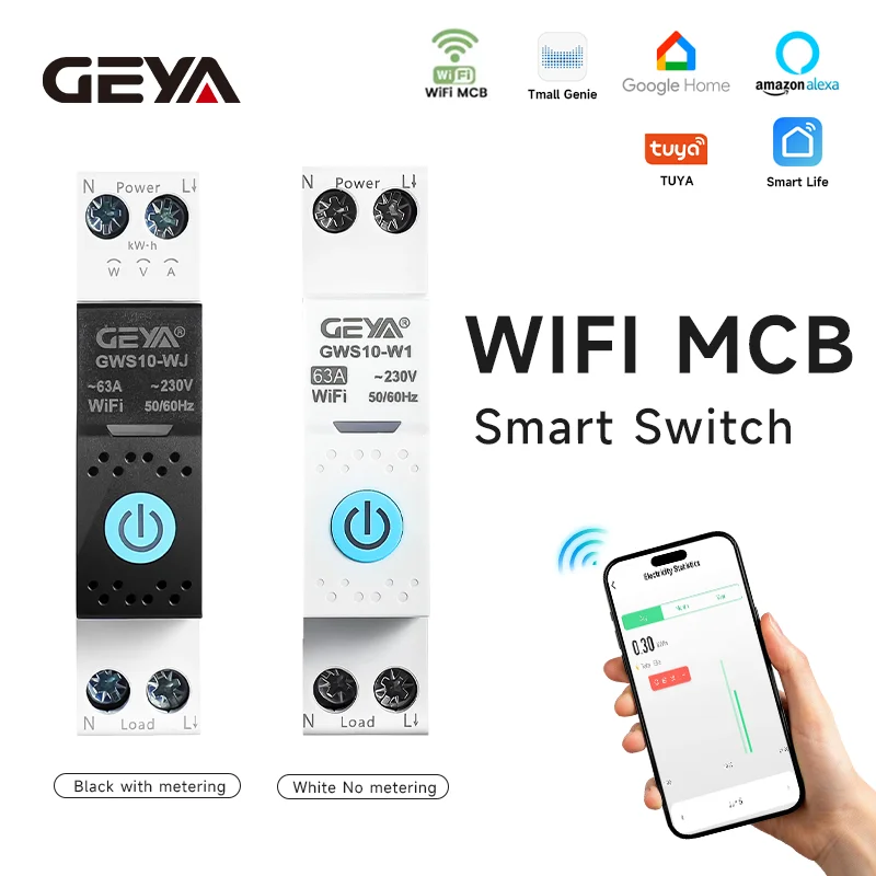 GEYA MCB WiFi Smart Circuit Breaker 1P+N 63A kWh Voltage Current Protector Remote Control Energy Metering Timer Relay Switch
GEYA MCB WiFi Smart Circuit Breaker 1P+N 63A kWh Voltage Current Protector Remote Control Energy Metering Timer Relay Switch