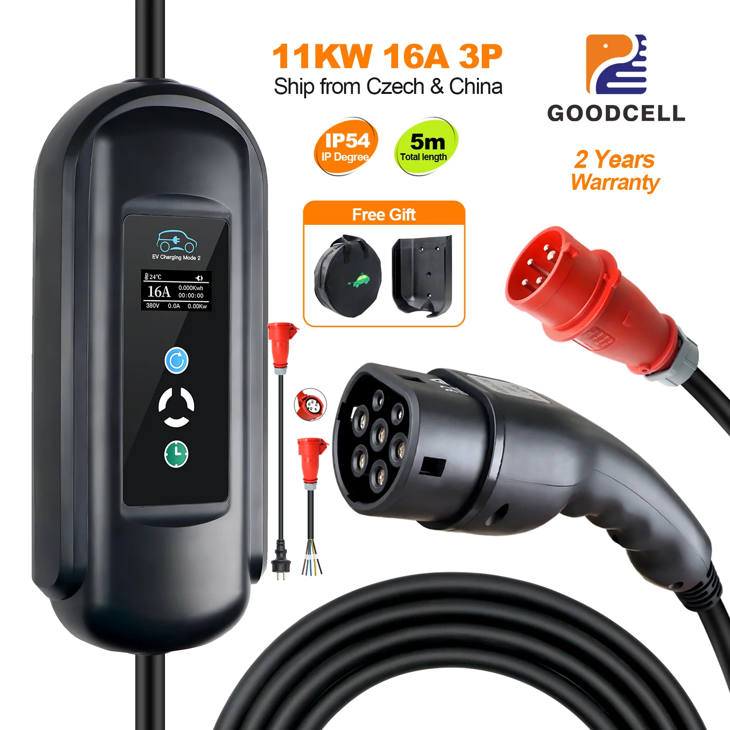 GOODCELL Type2 Portable EV Charger 16A 11KW Power Plug 5m Charging Box Plug 3Phase EV Portable Charger and two power adapter
GOODCELL Type2 Portable EV Charger 16A 11KW Power Plug 5m Charging Box Plug 3Phase EV Portable Charger and two power adapter