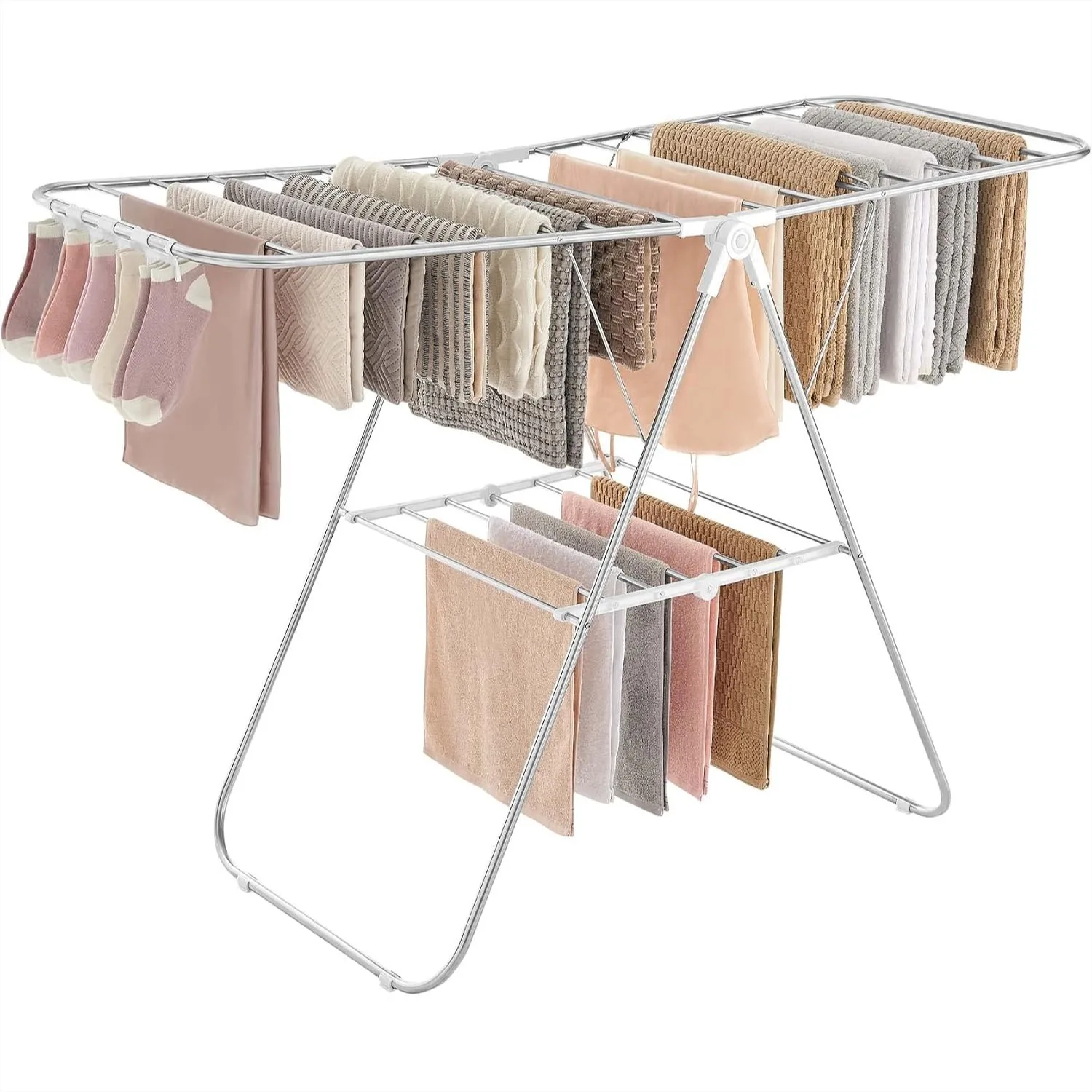 Clothes Drying Rack with Sock Clips, Foldable Metal Laundry Airer, 2 Adjustable Wings for Indoor Outdoor Use, Space-Saving
Clothes Drying Rack with Sock Clips, Foldable Metal Laundry Airer, 2 Adjustable Wings for Indoor Outdoor Use, Space-Saving
