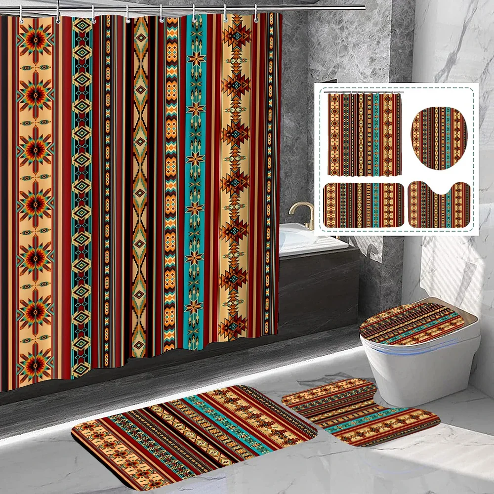 1 set of retro red and blue totem printed shower curtains with 12 hooks and bathroom floor mats
1 set of retro red and blue totem printed shower curtains with 12 hooks and bathroom floor mats