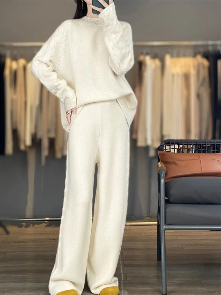 Women's matching set 100% Merino wool half high neck sweater+straight elastic waist pants two-piece set thickened women's sport
Women's matching set 100% Merino wool half high neck sweater+straight elastic waist pants two-piece set thickened women's sport