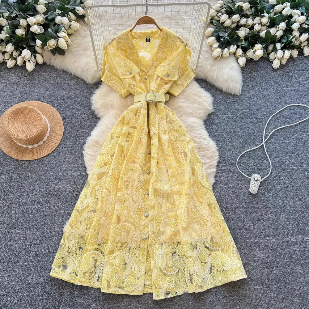 French Elegant Hollow out Flower Crochet Embroidery Mesh Dress Women's Lantern Sleeve Single-Breasted Sashes A-Line Gown
French Elegant Hollow out Flower Crochet Embroidery Mesh Dress Women's Lantern Sleeve Single-Breasted Sashes A-Line Gown