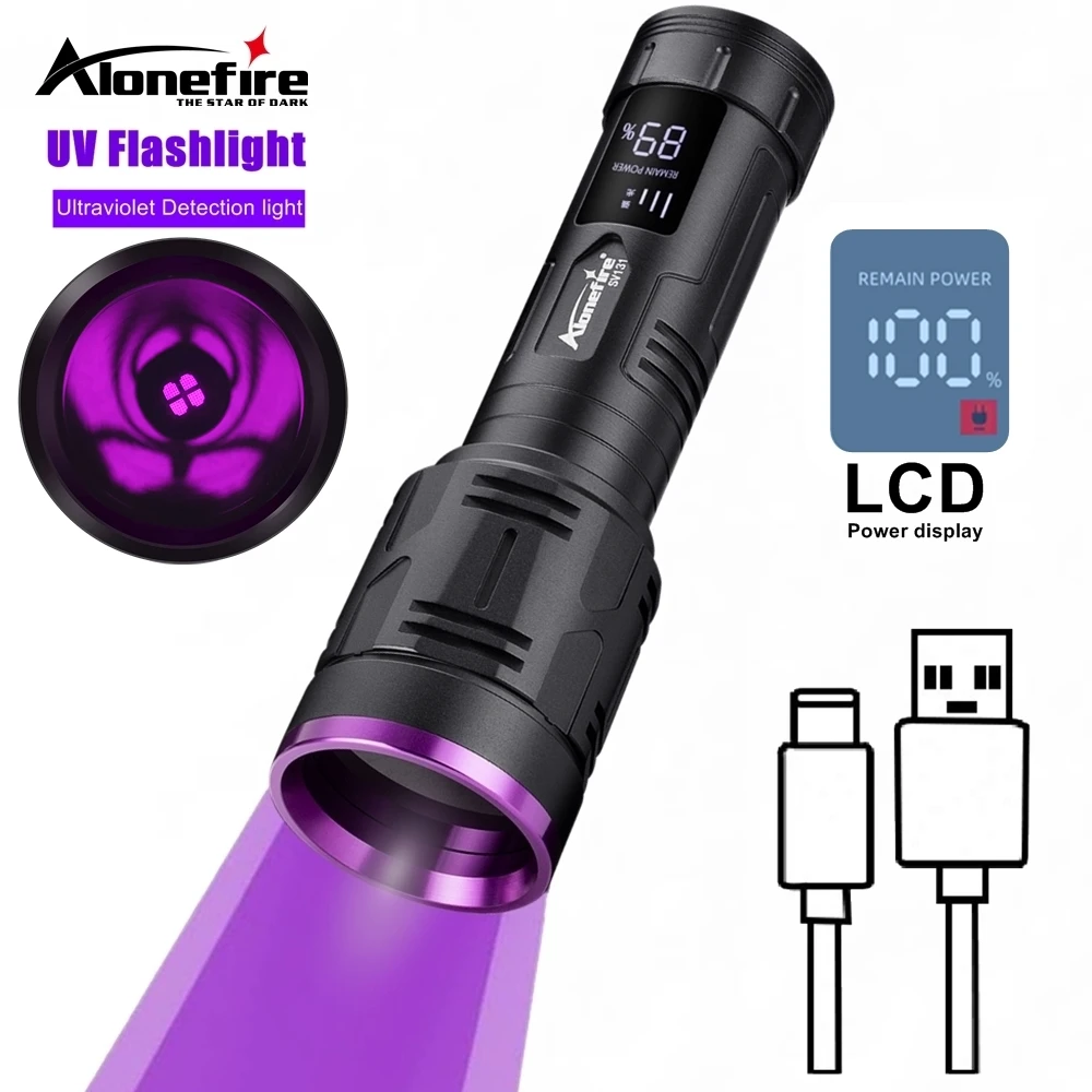 High Power 365nm UV Flashlight LCD display Rechargeable Black light Torch Pet urine Stain Marker Mineral Ore Money Scorpion Lamp
High Power 365nm UV Flashlight LCD display Rechargeable Black light Torch Pet urine Stain Marker Mineral Ore Money Scorpion Lamp
