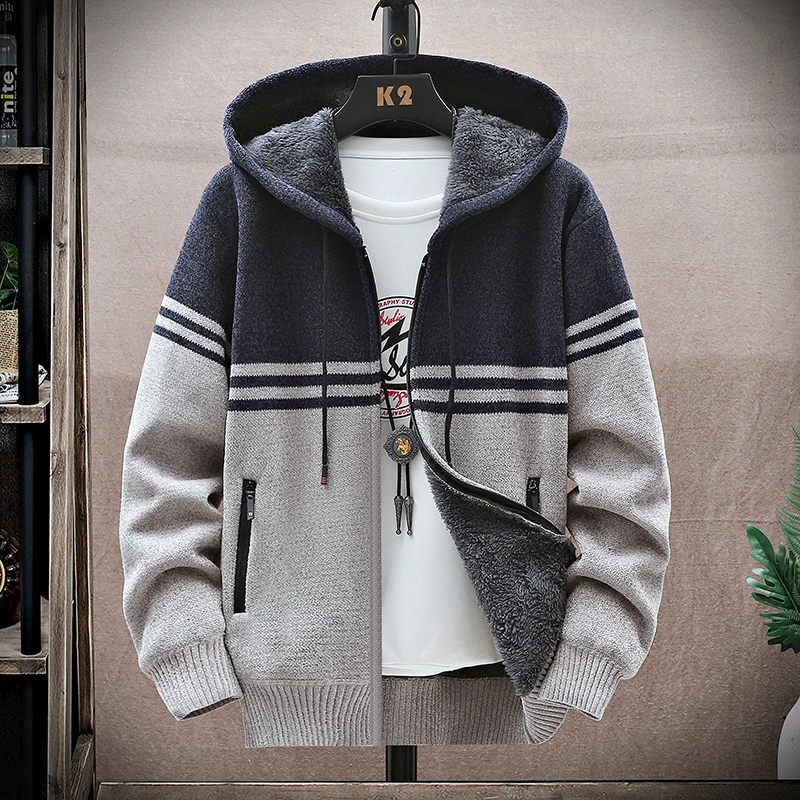 Men Knit Hooded Cardigan SweaterCoat 2024 Autumn Winter Velvet Keep Warm Thicken Contrast Striped Jackets Outerwear Men Clothing
Men Knit Hooded Cardigan SweaterCoat 2024 Autumn Winter Velvet Keep Warm Thicken Contrast Striped Jackets Outerwear Men Clothing