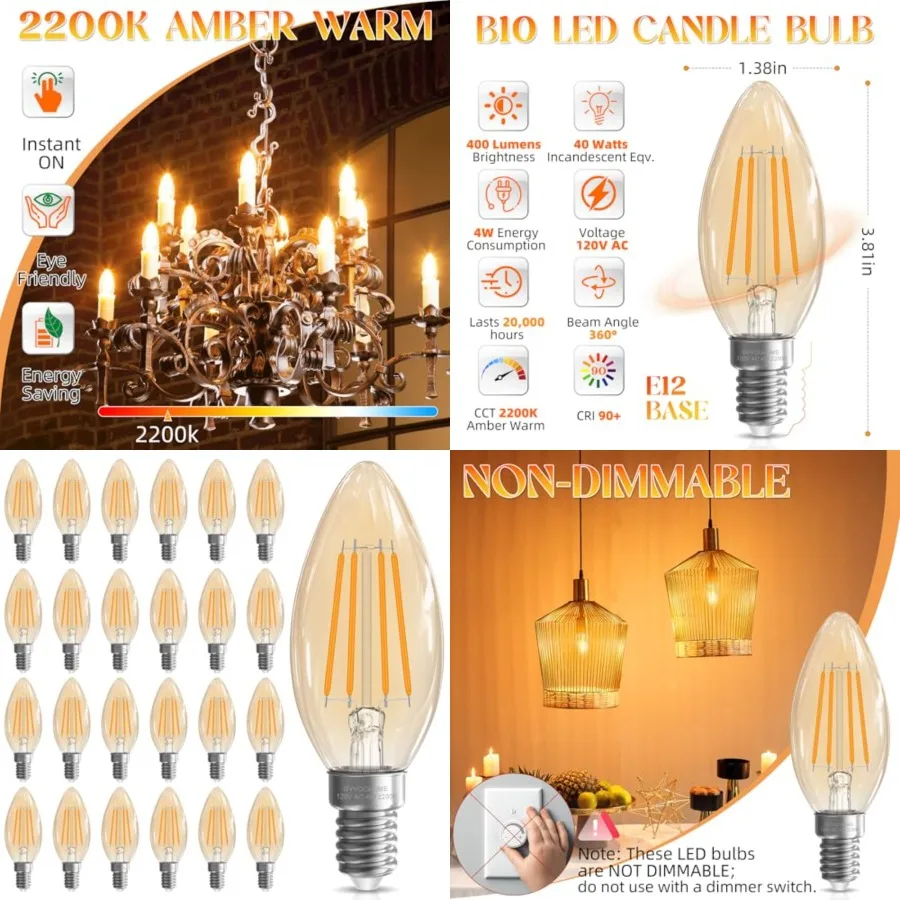 Candelabra Light Bulbs 40 watt Equivalent, E12 LED Bulb Non-Dimmable B10 LED Candle Bulb, Warm, LED Chandelier Bulb, 90+CRI, 40
Candelabra Light Bulbs 40 watt Equivalent, E12 LED Bulb Non-Dimmable B10 LED Candle Bulb, Warm, LED Chandelier Bulb, 90+CRI, 40
