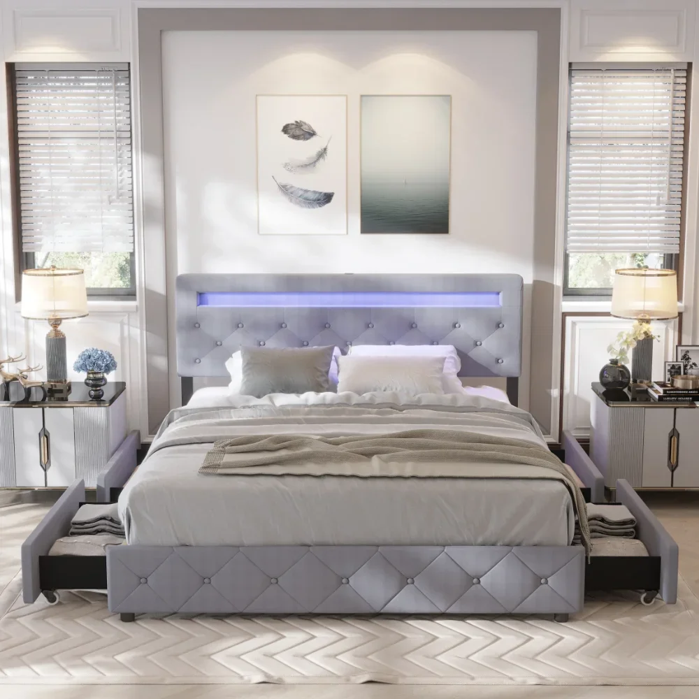 Upholstered Platform Bed with 4 Drawers, Adjustable LED Lights Headboard, QUEEN Size Bed Frame with LED Light Headboard
Upholstered Platform Bed with 4 Drawers, Adjustable LED Lights Headboard, QUEEN Size Bed Frame with LED Light Headboard