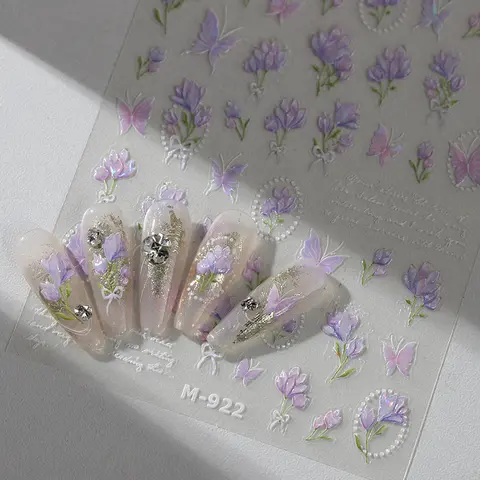 Purple Magnolia Flower Retro French Chic Bowknot Butterfly Tulip Bouquet Shiny Adhesive Nail Art Decorations Stickers Nail Decal