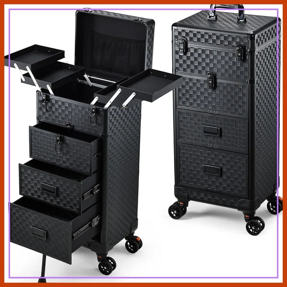 4-in-1 Rolling Makeup Case with 3 Drawers, Spring-Release Mechanism, Foot Stand, for Salon, Nail, Artist
4-in-1 Rolling Makeup Case with 3 Drawers, Spring-Release Mechanism, Foot Stand, for Salon, Nail, Artist
